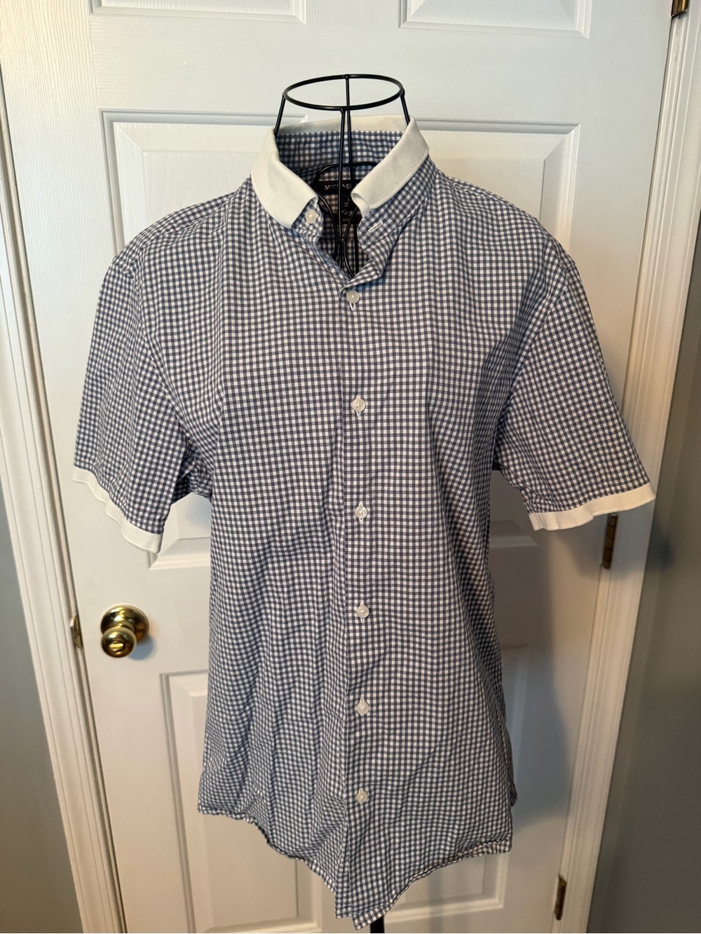 Michael Kors Navy Gingham Short-Sleeve Button-Down Shirt with White Trim